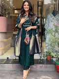 Rama Green Viscose Chanderi Embroidered Kurti Set