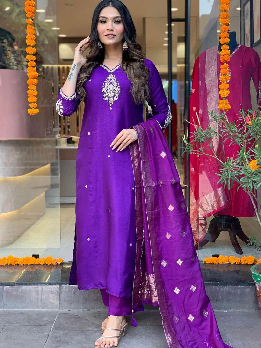 Purple Chanderi Embroidered Kurti Set with Jacquard Dupatta