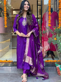 Purple Chanderi Embroidered Kurti Set with Jacquard Dupatta