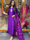 Purple Chanderi Embroidered Kurti Set with Jacquard Dupatta