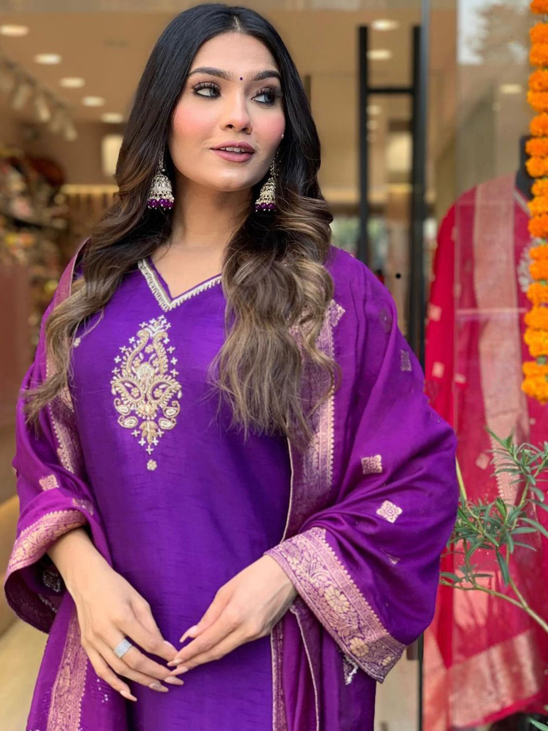 Purple Chanderi Embroidered Kurti Set with Jacquard Dupatta