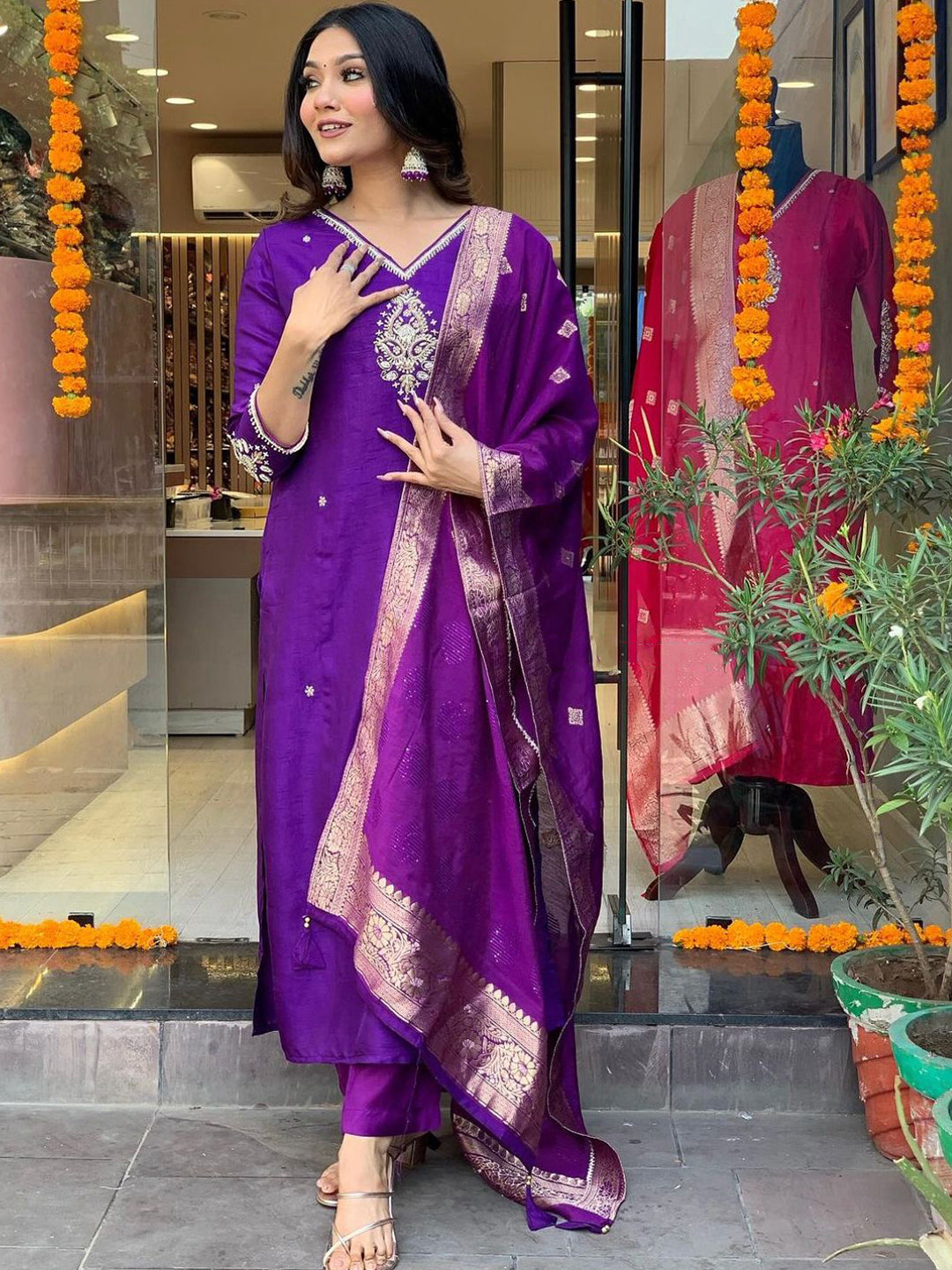 Purple Chanderi Embroidered Kurti Set with Jacquard Dupatta