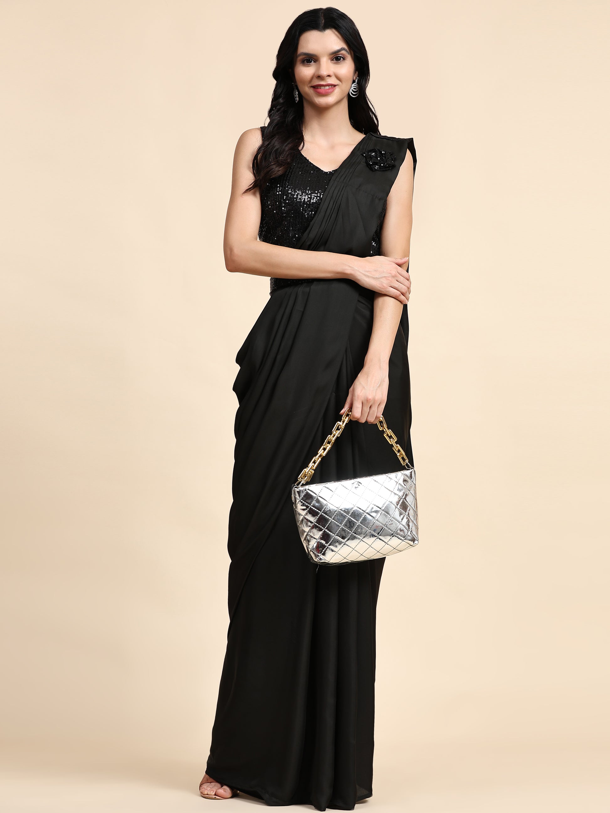 Black Colour One Minute Ready To Wear Saree