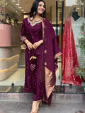 Dark Wine Viscose Chanderi Embroidered Kurti Set