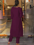 Dark Wine Viscose Chanderi Embroidered Kurti Set