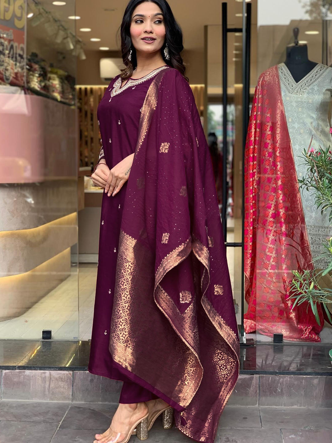 Dark Wine Viscose Chanderi Embroidered Kurti Set