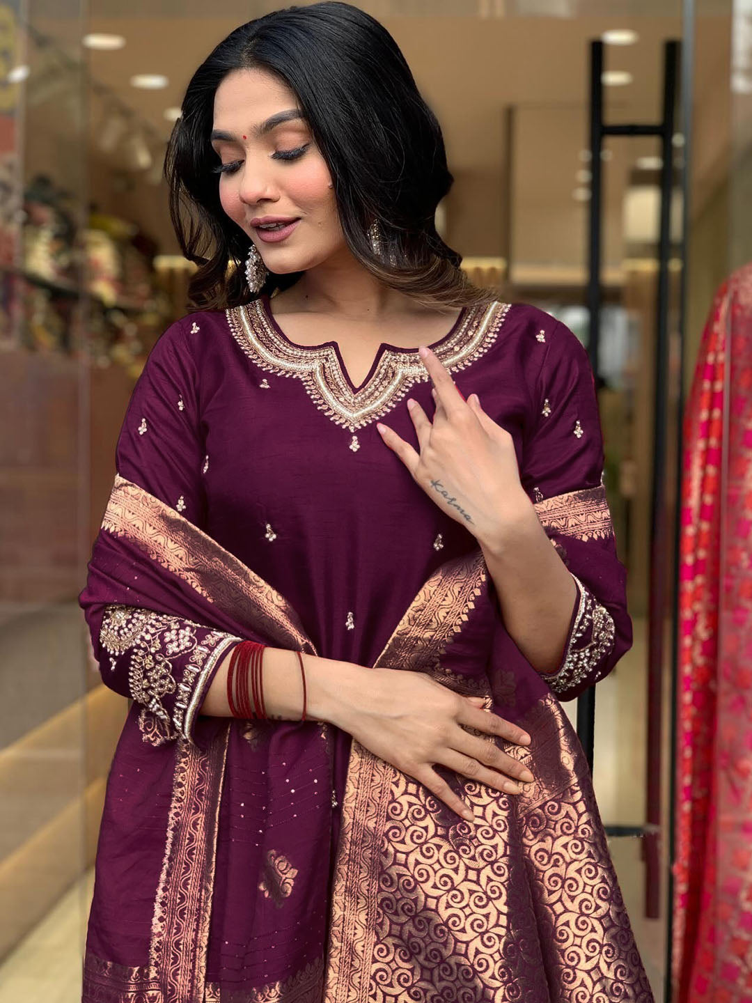 Dark Wine Viscose Chanderi Embroidered Kurti Set