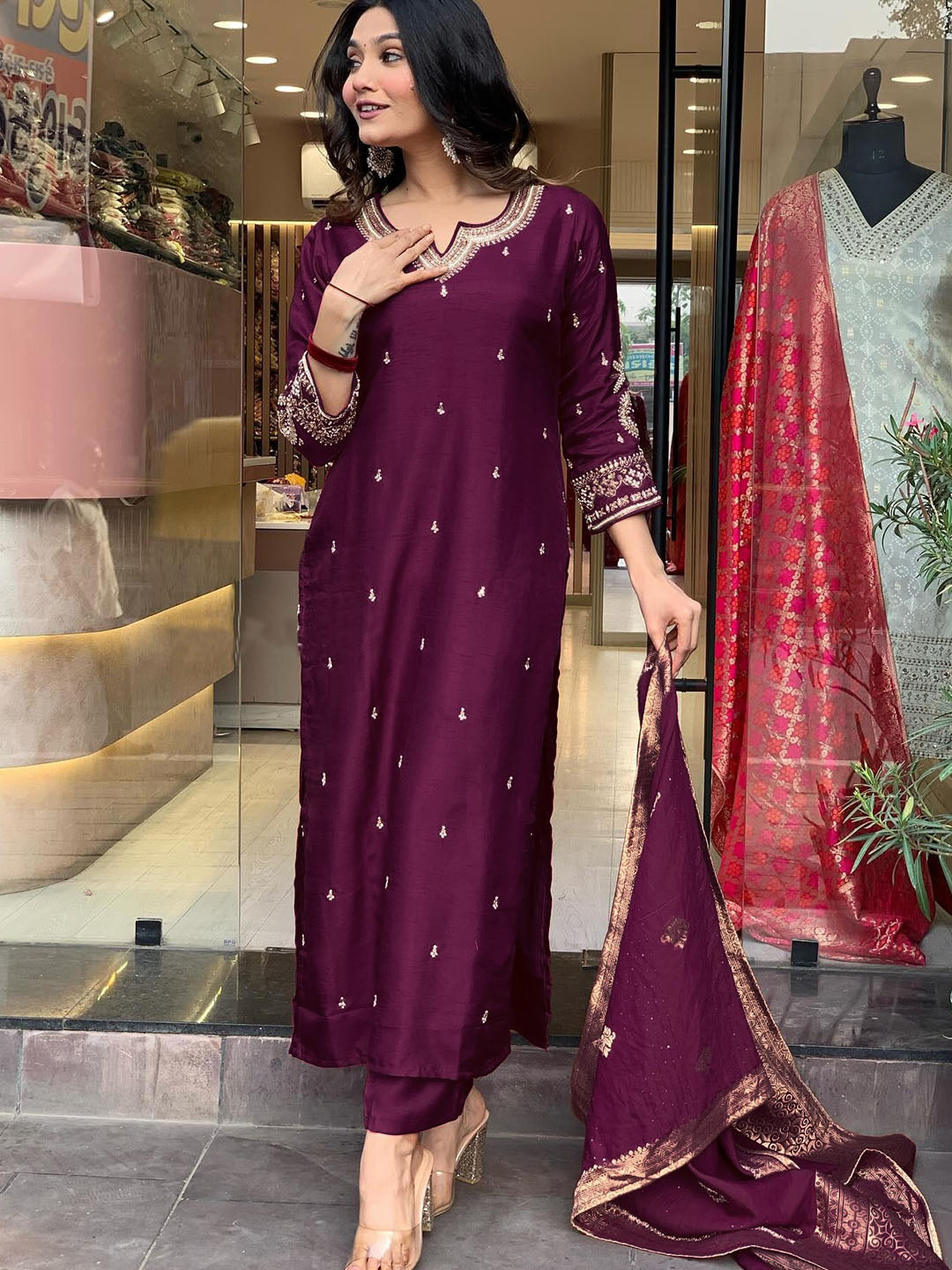 Dark Wine Viscose Chanderi Embroidered Kurti Set