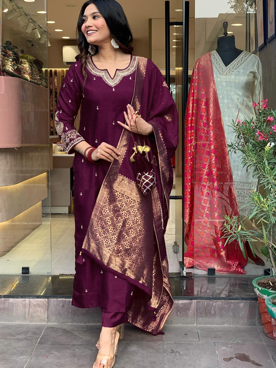 Dark Wine Viscose Chanderi Embroidered Kurti Set