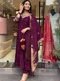 Dark Wine Viscose Chanderi Embroidered Kurti Set