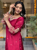 Red Viscose Chanderi Embroidered Kurti Set