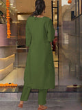 Mehndi Green Viscose Chanderi Embroidered Kurti Set