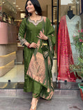 Mehndi Green Viscose Chanderi Embroidered Kurti Set