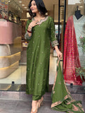 Mehndi Green Viscose Chanderi Embroidered Kurti Set