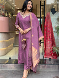 Purple Viscose Chanderi Embroidered Kurti Set