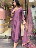 Purple Viscose Chanderi Embroidered Kurti Set