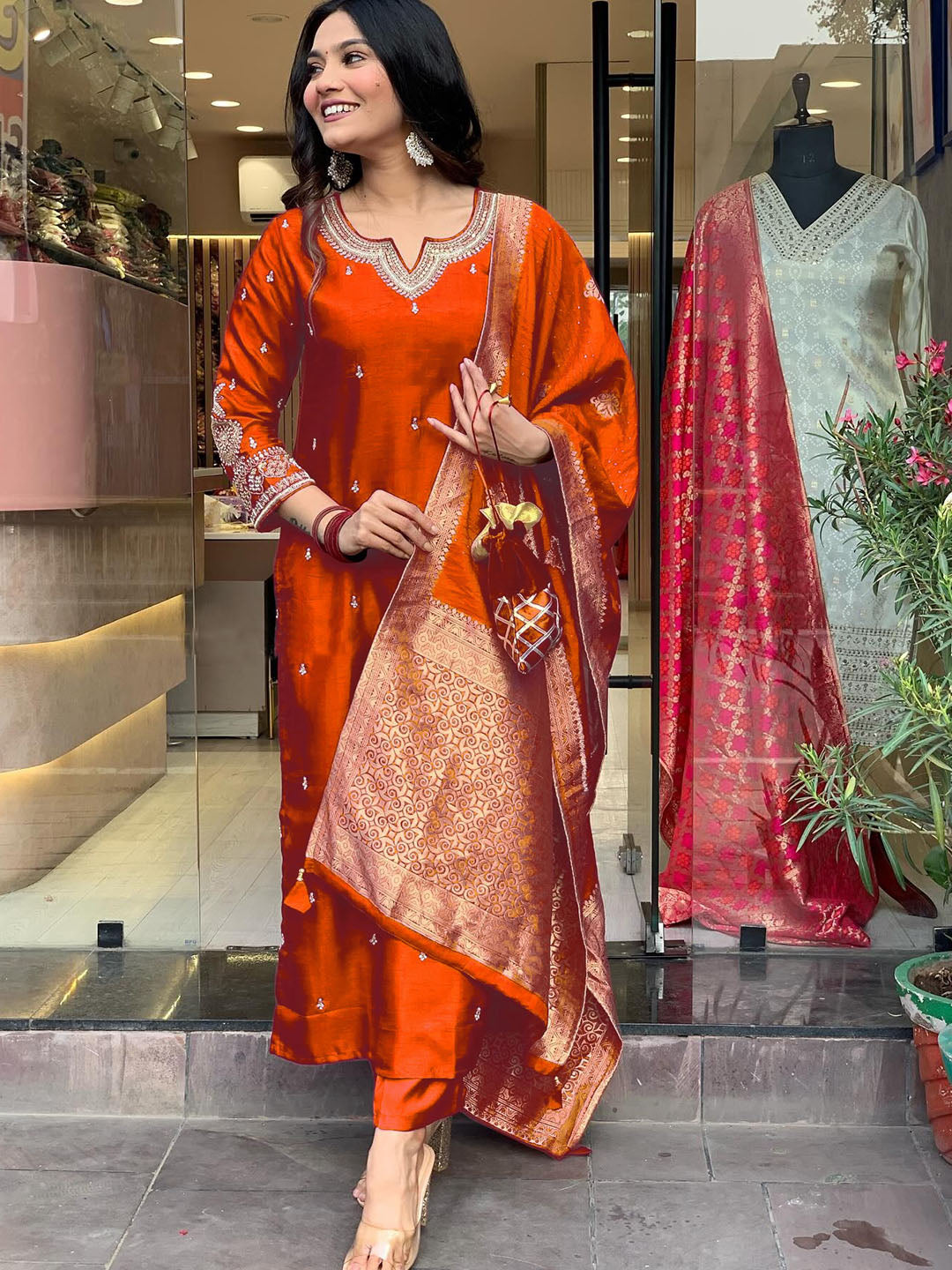 Orange Viscose Chanderi Kurti Set