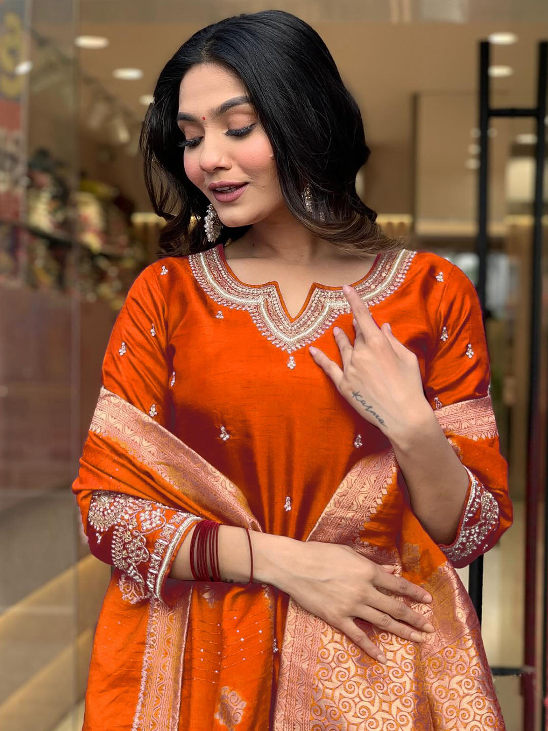 Orange Viscose Chanderi Kurti Set