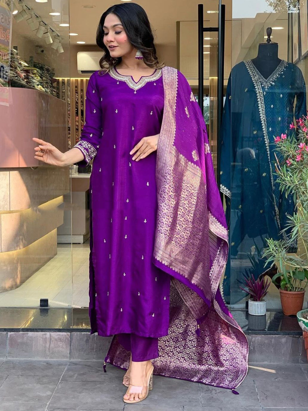 Purple Viscose Chanderi Embroidered Kurti Set