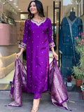 Purple Viscose Chanderi Embroidered Kurti Set