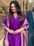 Purple Viscose Chanderi Embroidered Kurti Set