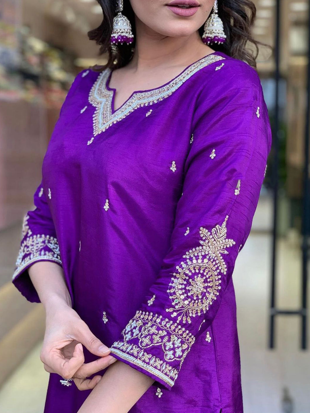 Purple Viscose Chanderi Embroidered Kurti Set