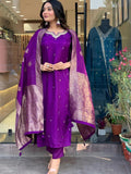 Purple Viscose Chanderi Embroidered Kurti Set