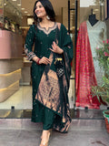 Rama Green Chanderi Kurti Set with Embroidered Jacquard Dupatta