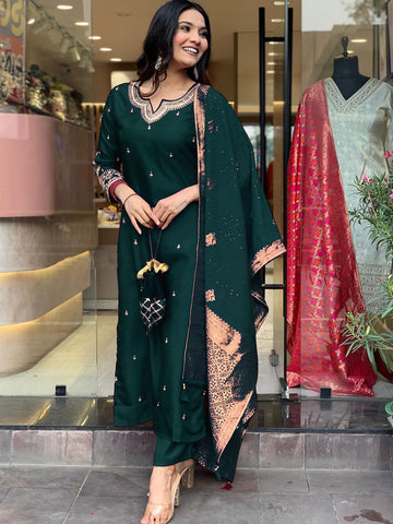 Rama Green Chanderi Kurti Set with Embroidered Jacquard Dupatta