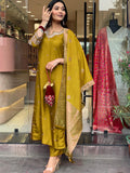 Mustard Yellow Viscose Chanderi Embroidered Kurti Set