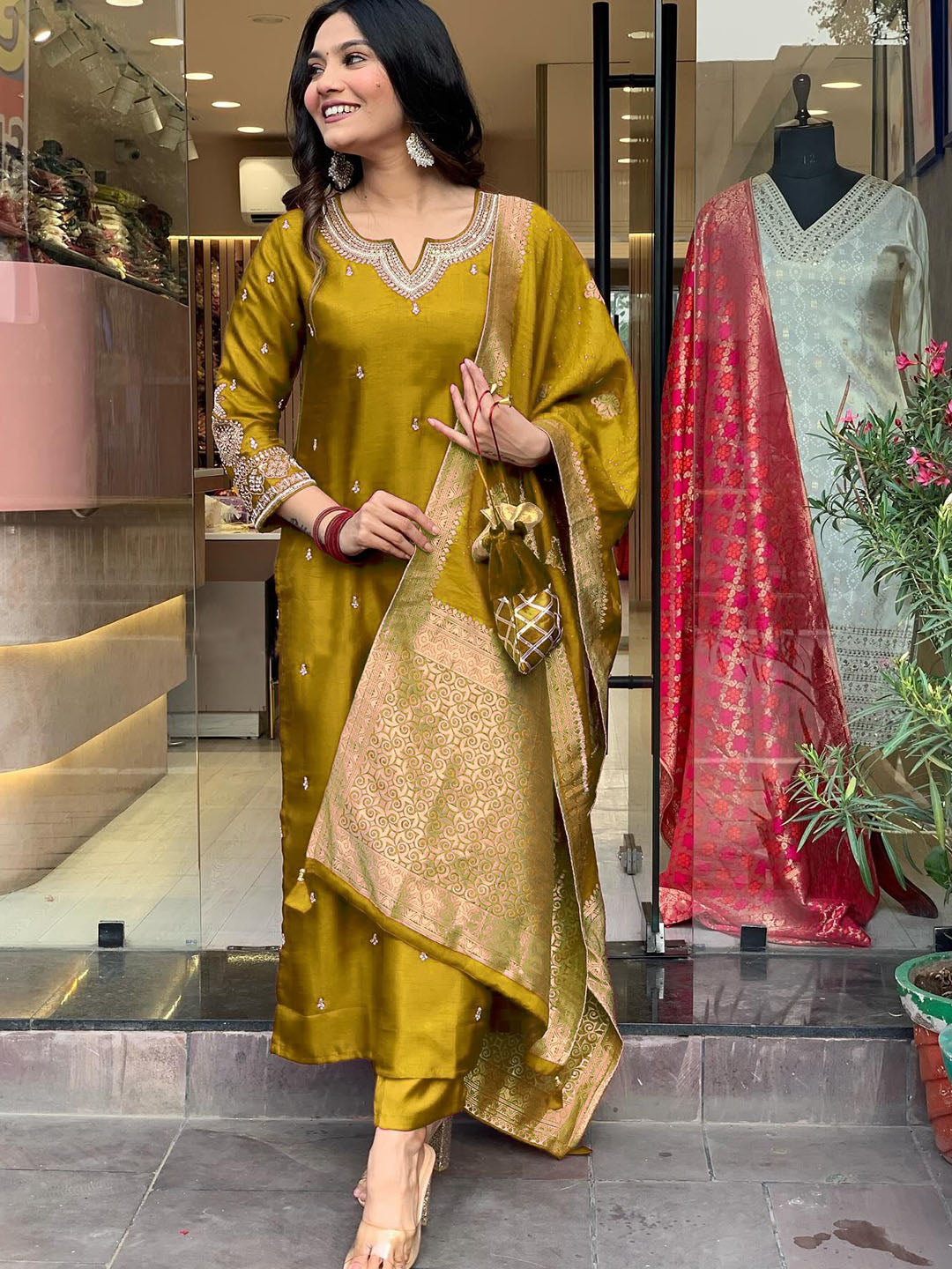 Mustard Yellow Viscose Chanderi Embroidered Kurti Set