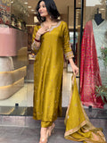 Mustard Yellow Viscose Chanderi Embroidered Kurti Set