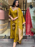 Mustard Yellow Viscose Chanderi Embroidered Kurti Set