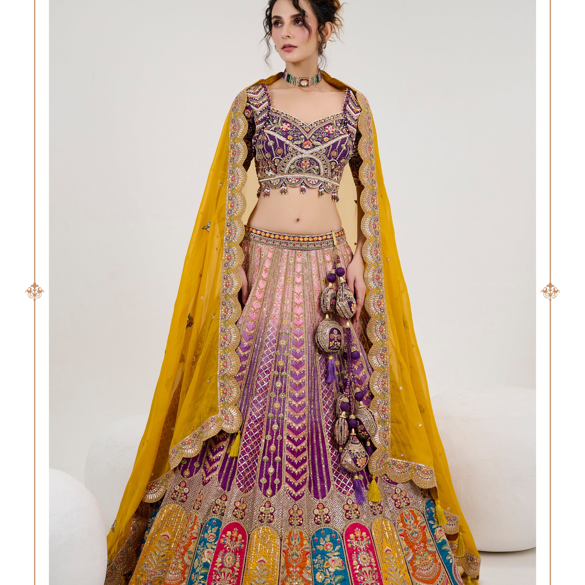 Purple Silk Lehenga with Hand-Embroidered Blouse & Mustard Dupatta