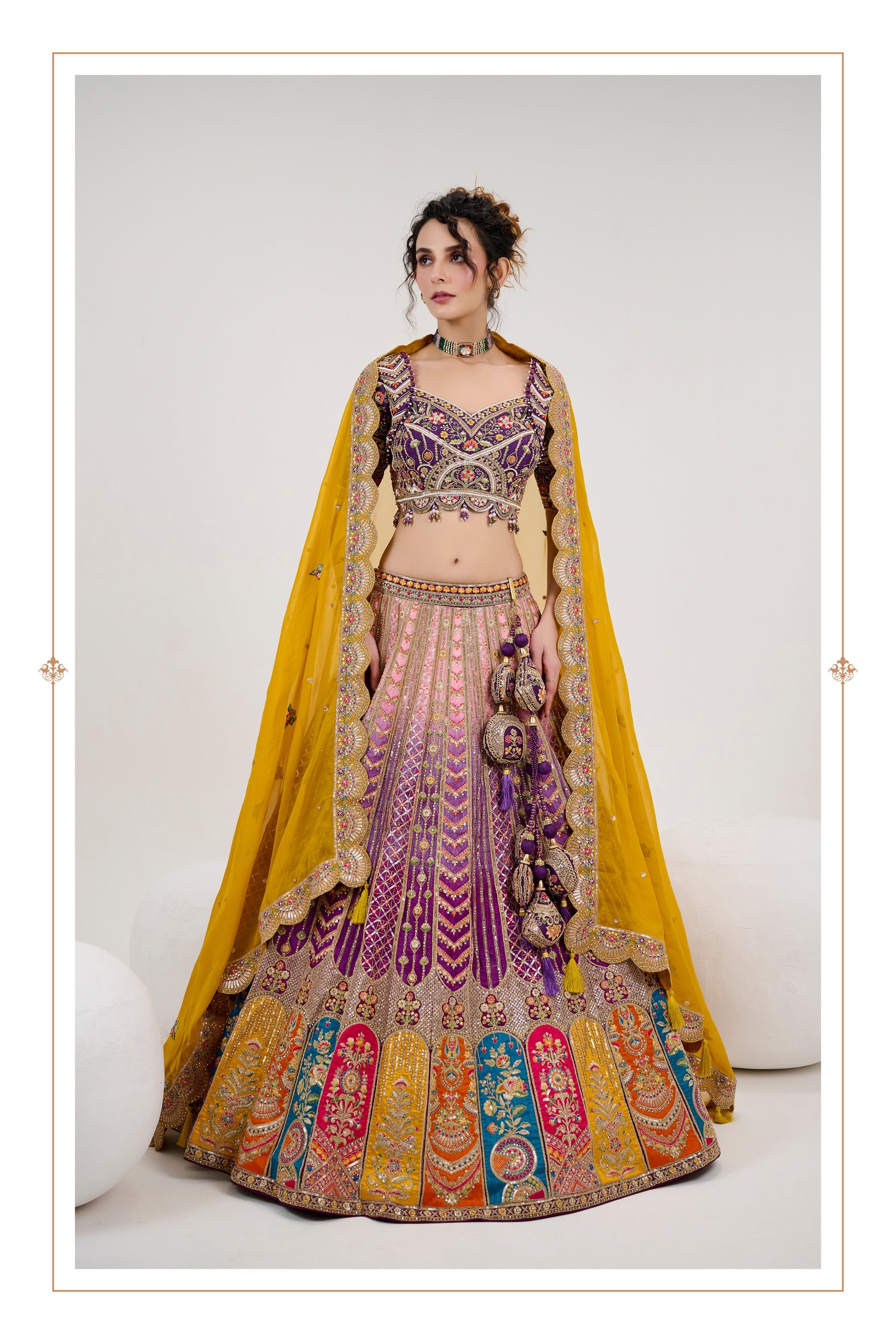 Purple Silk Lehenga with Hand-Embroidered Blouse & Mustard Dupatta