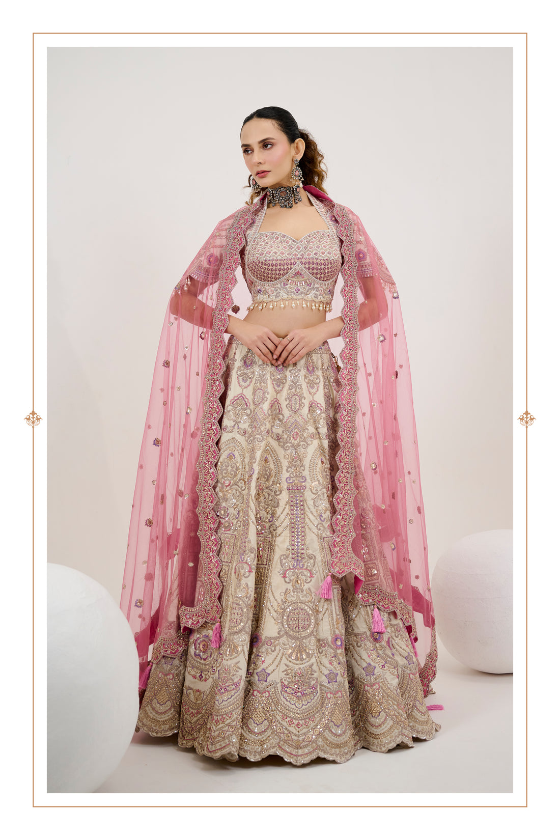 Ivory and Rose Pink Tussle Silk Lehenga with Handworked Embroidery