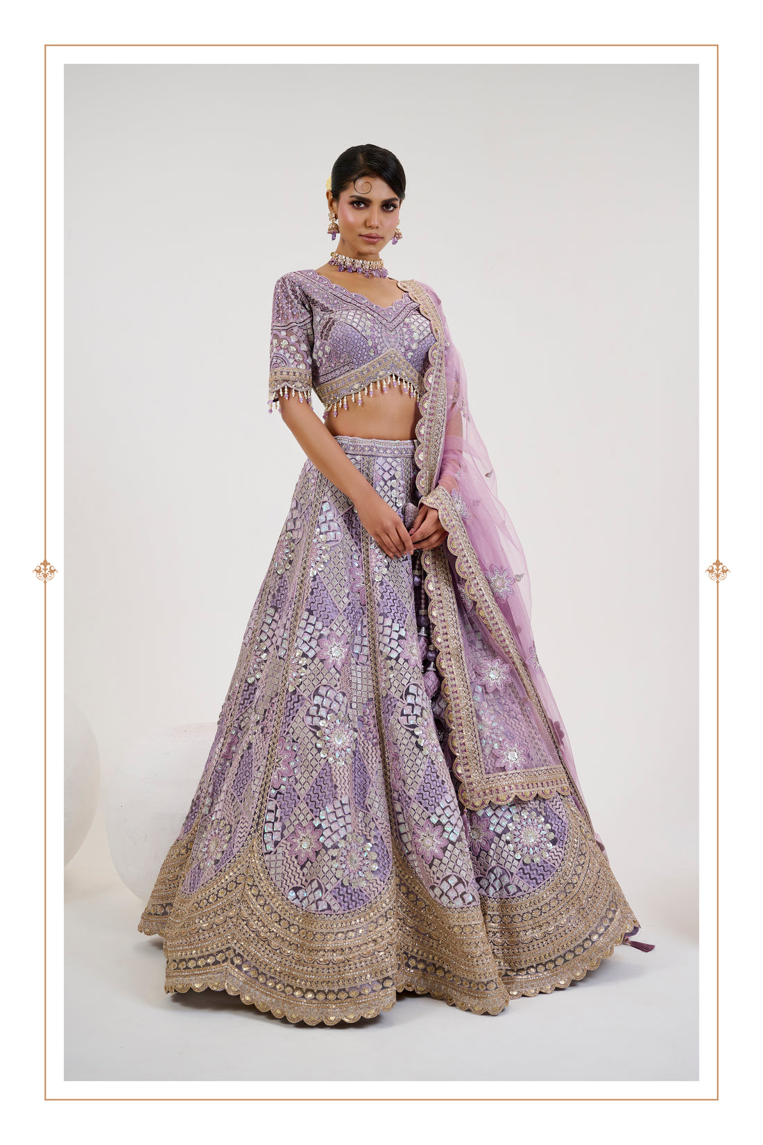 Lavender Bridal Lehenga with Gold Embroidery and Net Dupatta