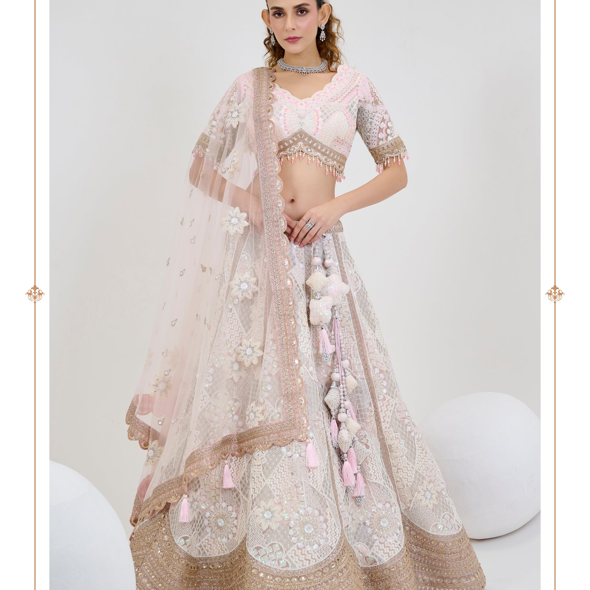 Soft Pink Bridal Net Lehenga with Hand Embroidery and Dupatta