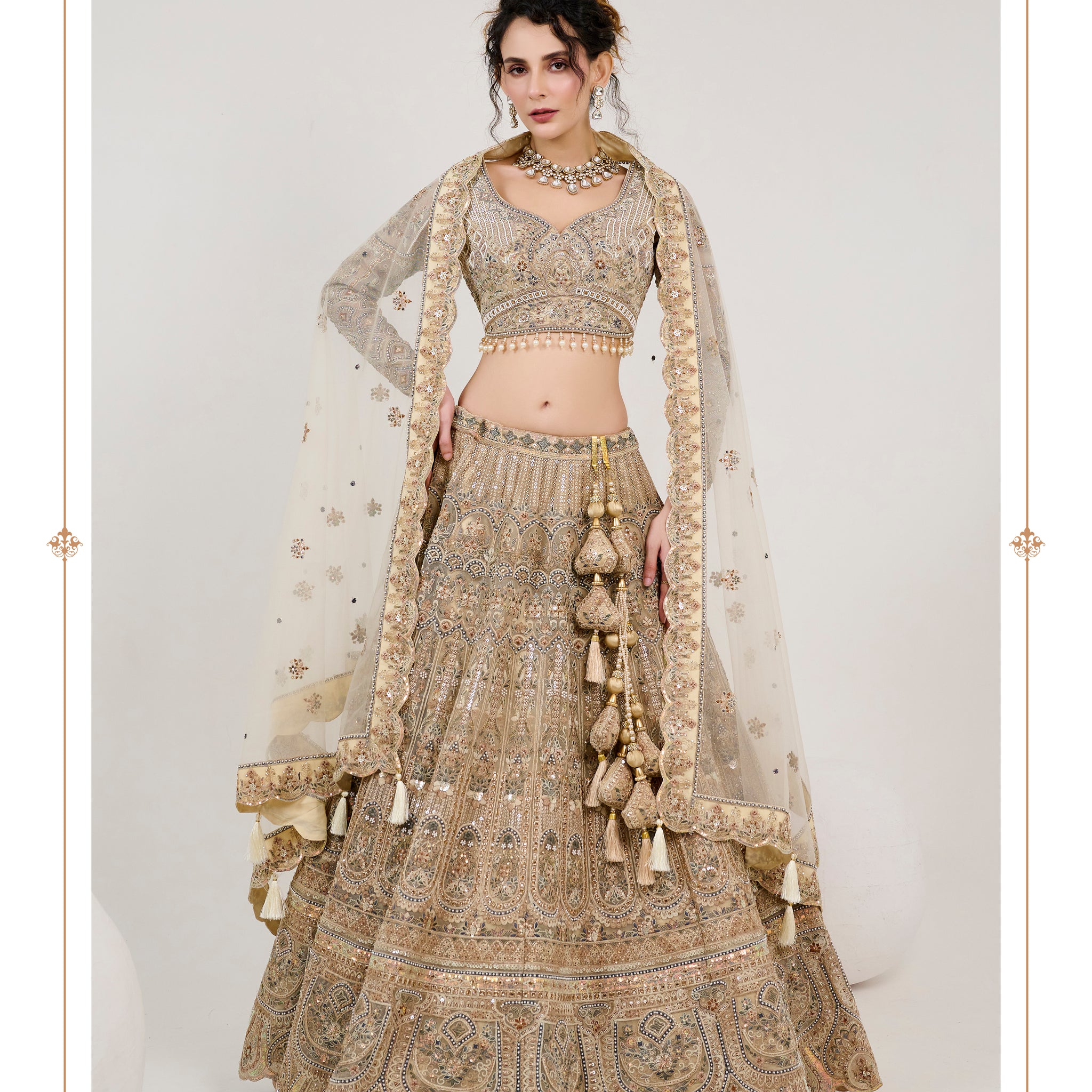 Champagne Gold Bridal Lehenga with Hand Embroidery & Net Dupatta