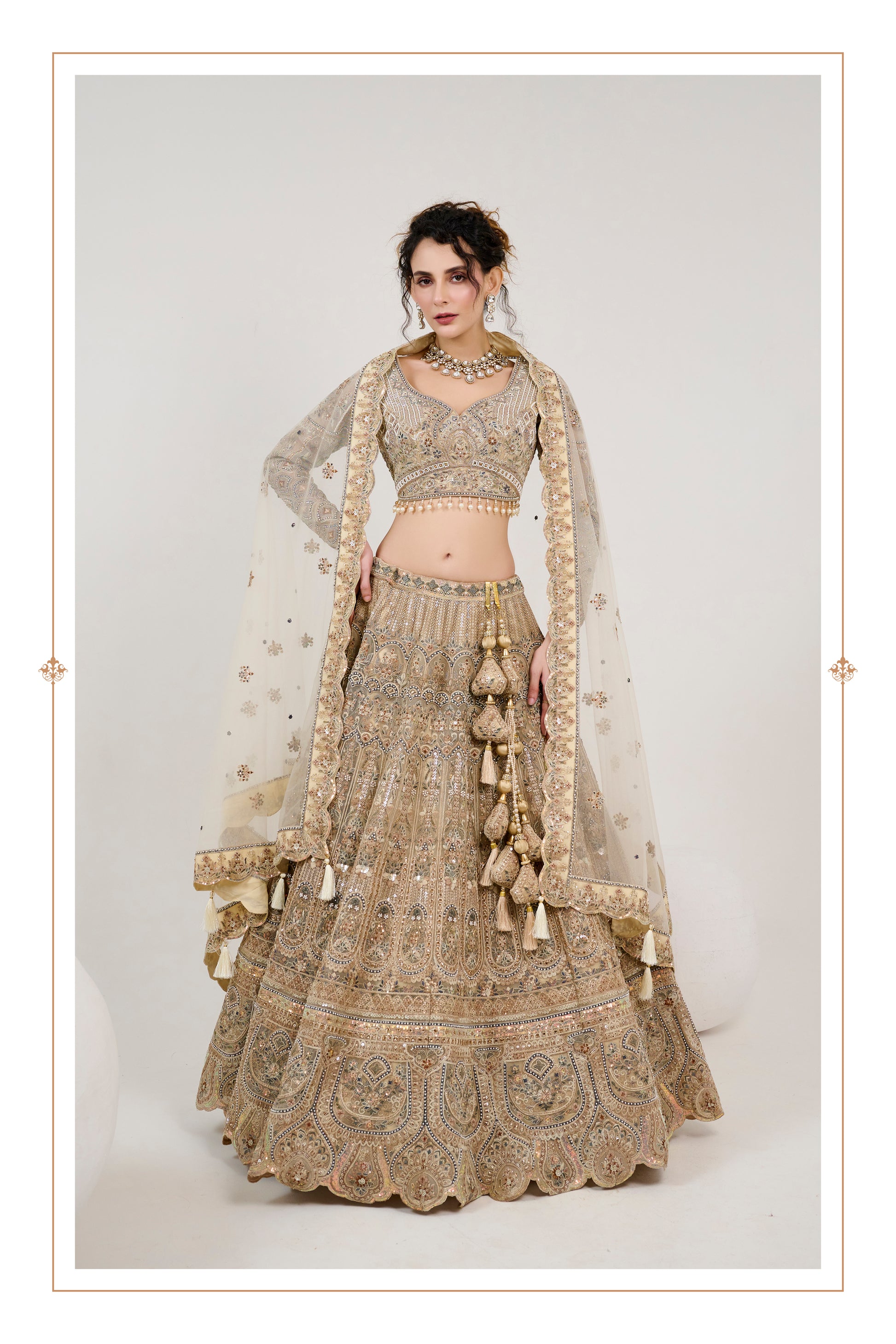 Champagne Gold Bridal Lehenga with Hand Embroidery & Net Dupatta