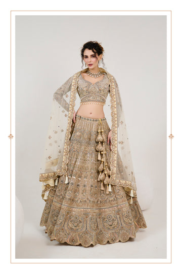 Champagne Gold Bridal Lehenga with Hand Embroidery & Net Dupatta