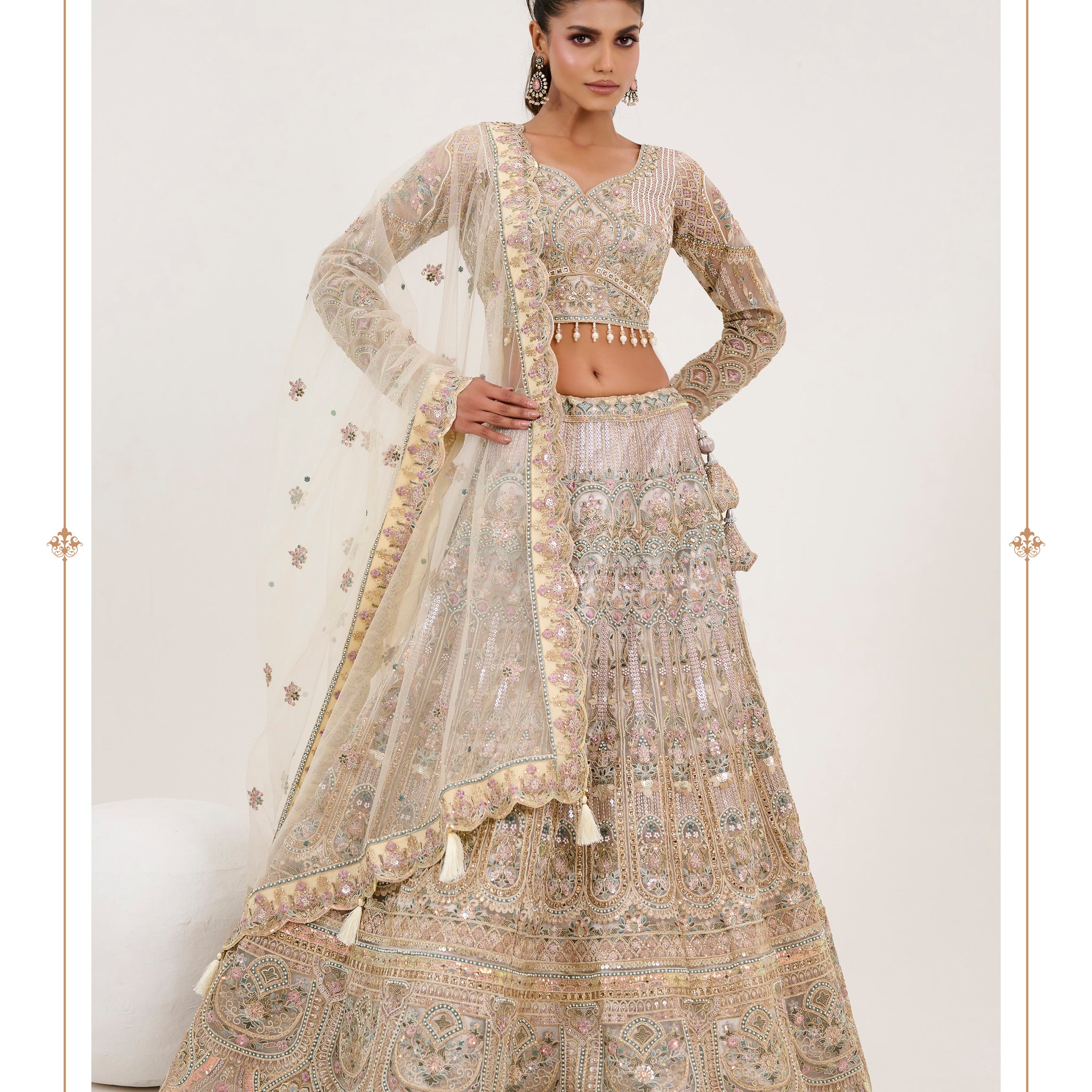 Pastel Gold Bridal Lehenga in Net with Hand Embroidery and Dupatta