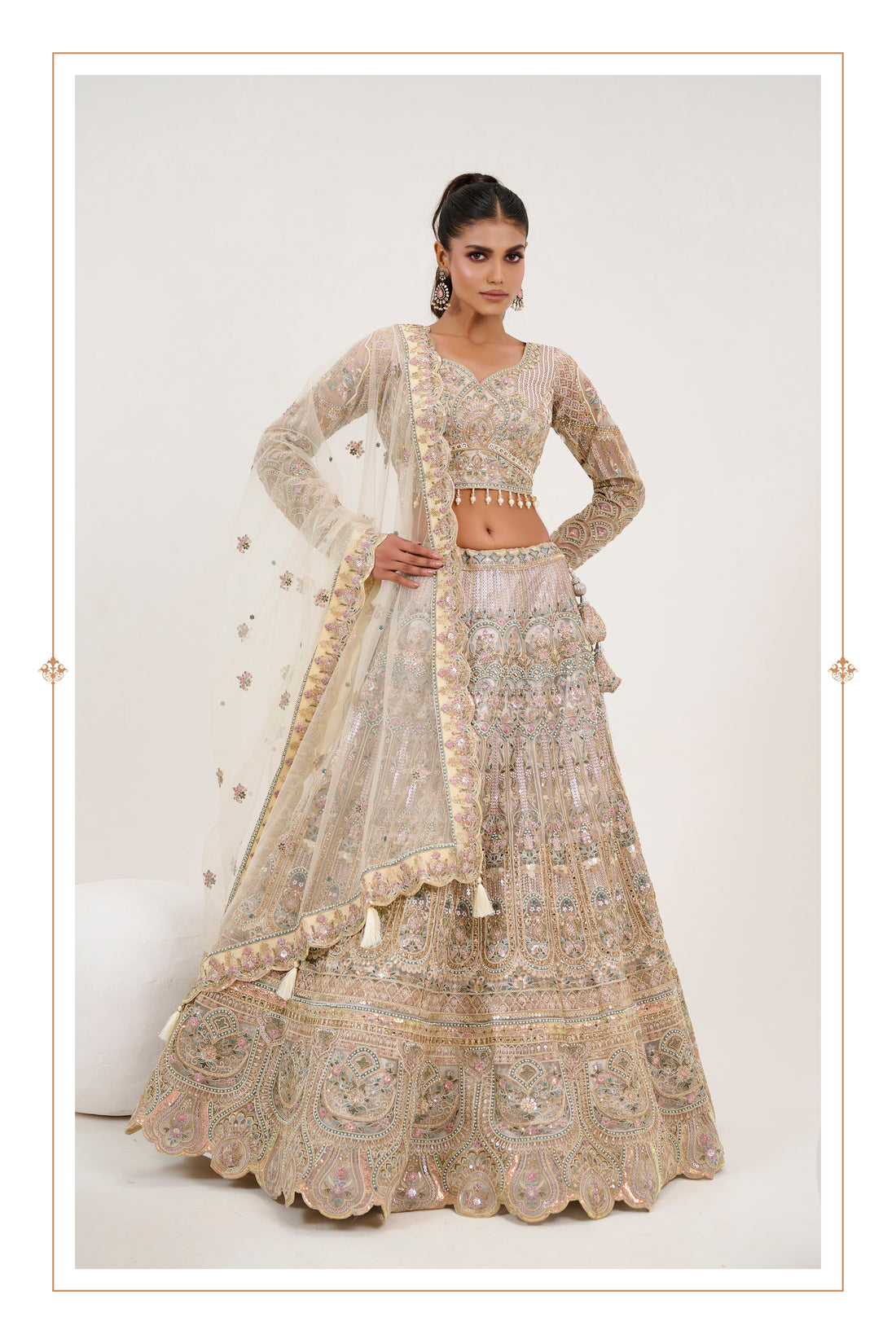 Pastel Gold Bridal Lehenga in Net with Hand Embroidery and Dupatta