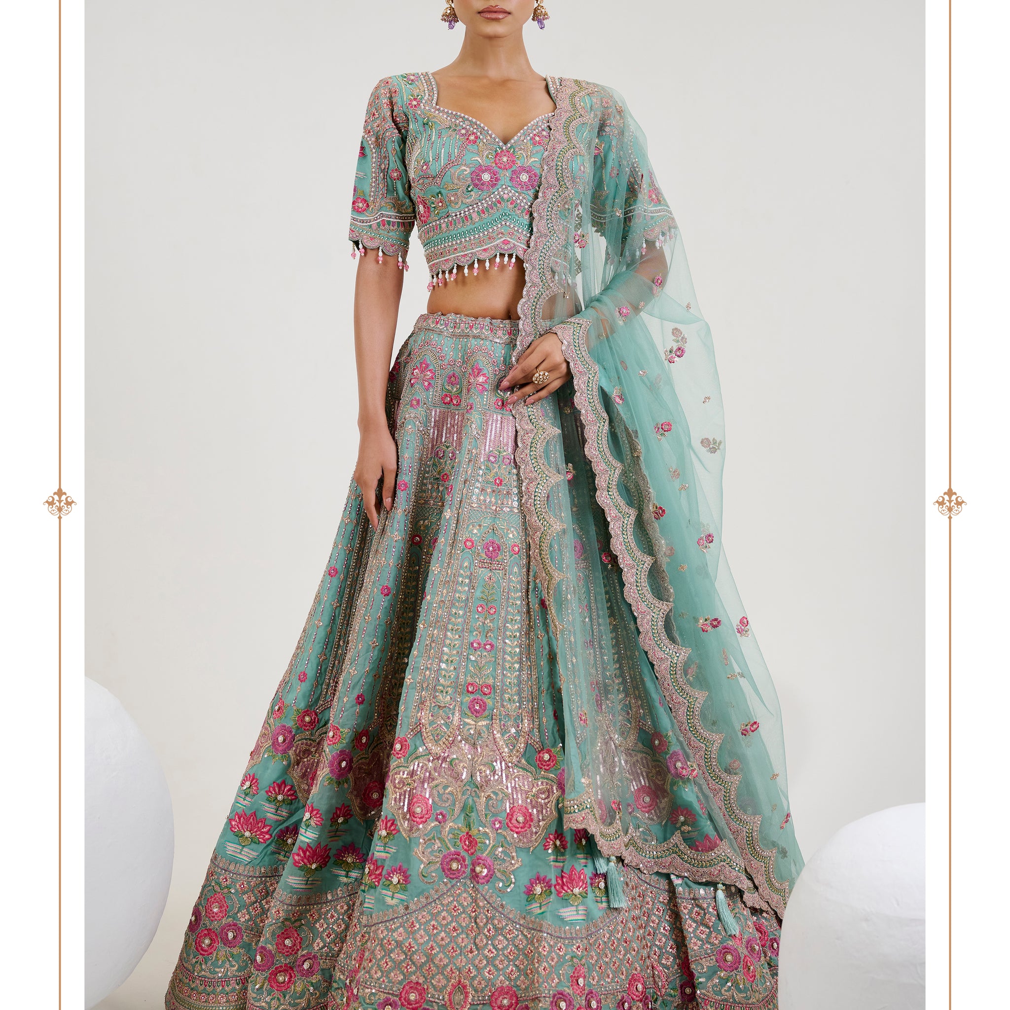 Sea Green Embroidered Bridal Lehenga with Handwork and Net Dupatta