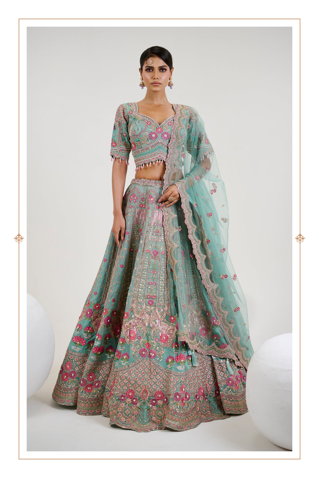 Sea Green Embroidered Bridal Lehenga with Handwork and Net Dupatta