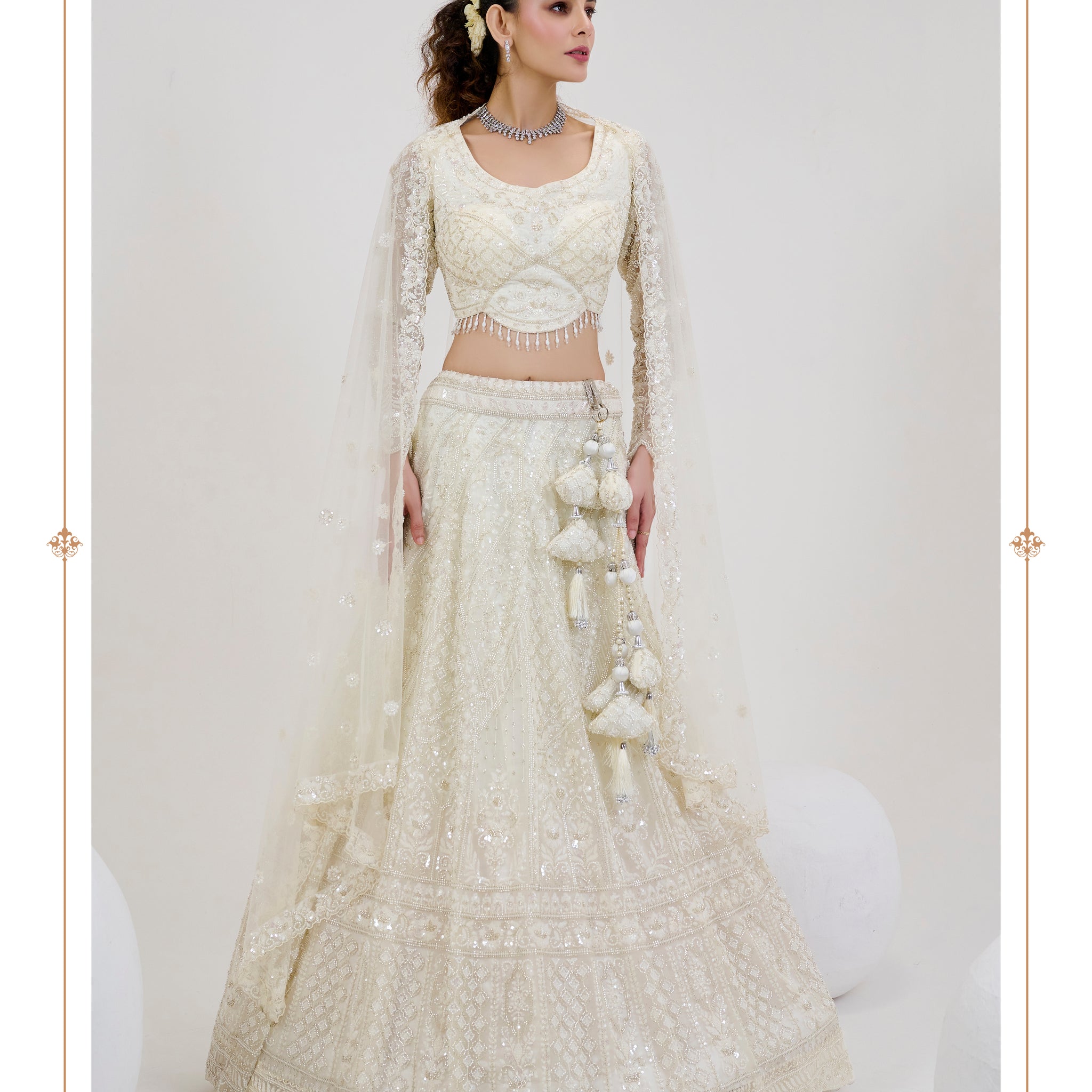 Ivory Net Bridal Lehenga with Handwork Blouse & Beaded Net Dupatta