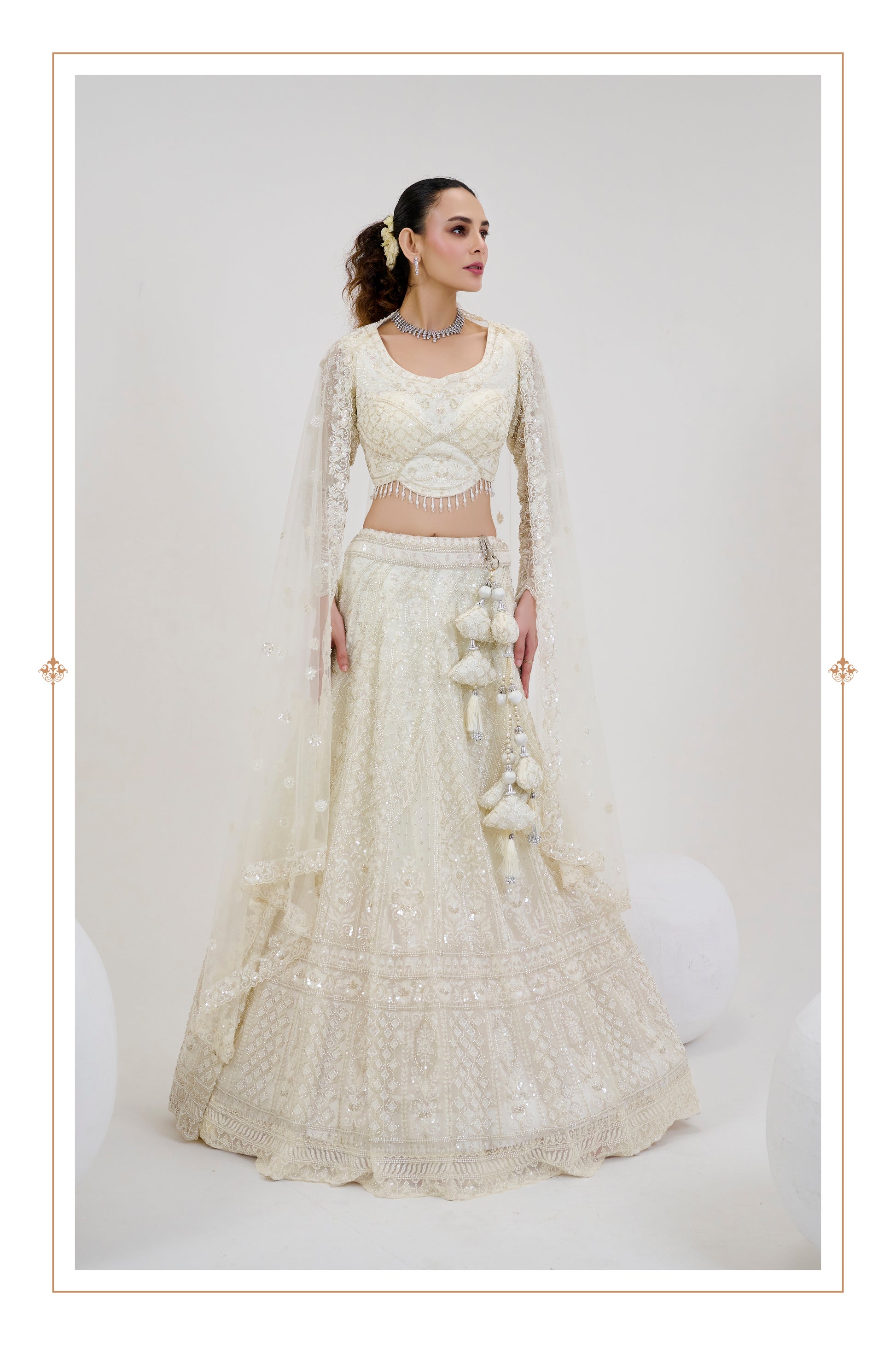 Ivory Net Bridal Lehenga with Handwork Blouse & Beaded Net Dupatta