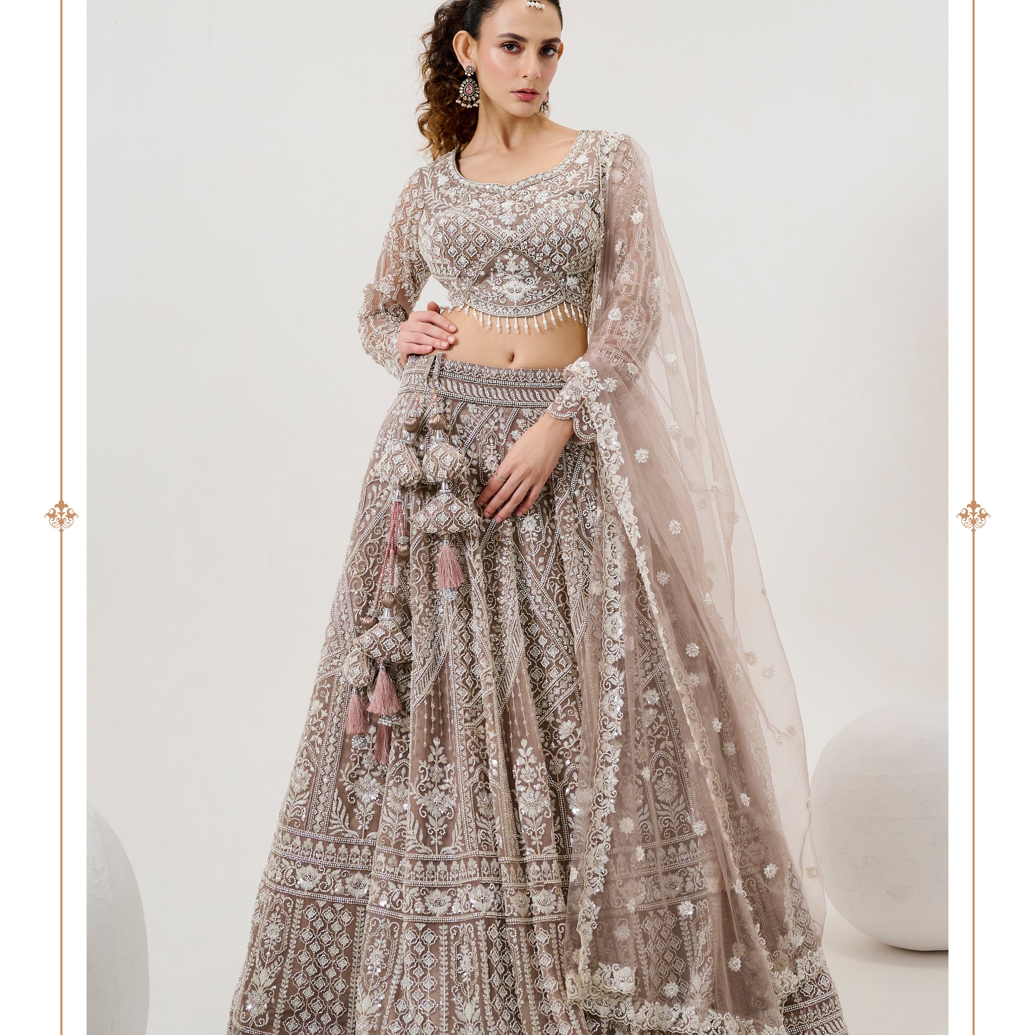 Taupe Net Bridal Lehenga with Handwork and Beaded Net Dupatta