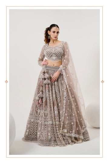 Taupe Net Bridal Lehenga with Handwork and Beaded Net Dupatta