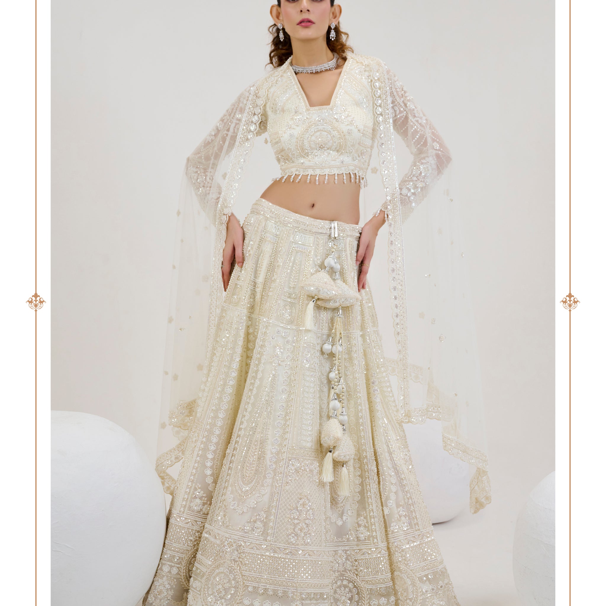 Ivory Net Lehenga with Hand-Embroidered Blouse & Beaded Dupatta